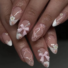 Cyflymder  24Pcs 3D Bow Strawberry False Nails Art Mid-length Almond Full Cover Nails Tips Pink Smudge Pearl Detachable Press on Fake Nails