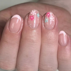 Cyflymder  24Pcs Pink Gradient Tulip Design Full Cover Nails Tips Art Short Round Head Fake Nails Reusable Artificial Press on False Nails