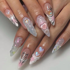 Cyflymder  24pcs Long Almond Press on Nails Pink False Nails with Love Design Wearable Stick-on Nails Fake Nail Uñas Накладные Ногти 네일팁