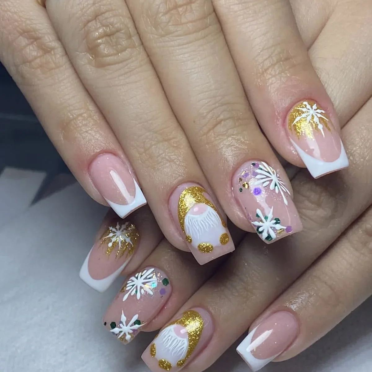 Cyflymder  24pcs Gold Almond Press on Nails Christmas Snowman Deer Print Fake Nails for Women Girls Manicure DIY Wearable False Nails