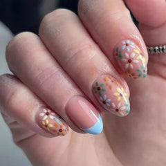Cyflymder  24Pcs Short Round Head Fake Nails Press on Blue Edge French Design Full Cover Nails Tips Colorful Flower Detachable False Nails
