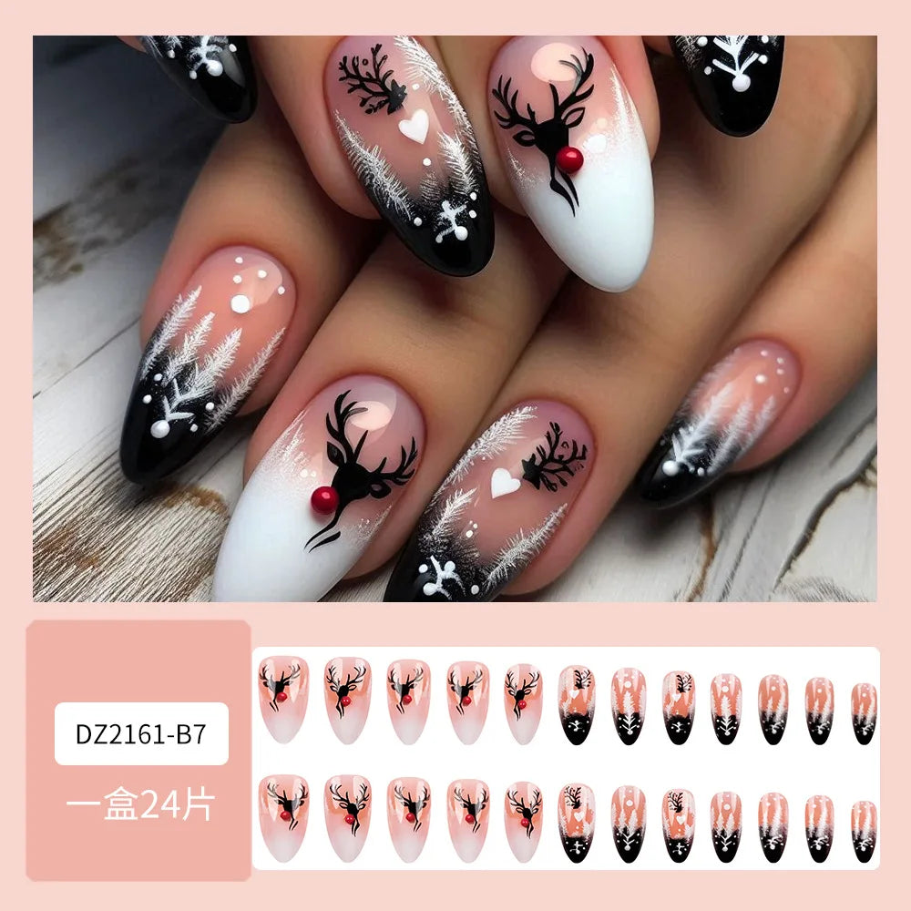 Cyflymder  Christmas Press on Nails Red Stripe Deer Snow Pattern Fake Nails for Women Wearable Winter Long Coffin/Almond False Nails