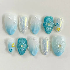 Cyflymder  24Pcs Mid-length Almond Fake Nails Press on Blue Gradient 3D Flower Full Cover Nails Tips Pearl Wearable Artificial False Nails