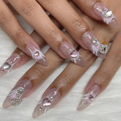 Cyflymder  24pcs Long Almond Press on Nails Pink False Nails with Love Design Wearable Stick-on Nails Fake Nail Uñas Накладные Ногти 네일팁