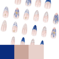Cyflymder  24pcs French Almond Press on Nails with 3D Flower Design Korean Fake Nails for Women Girl Wearable Detachable Sweet False Nails