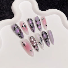 Cyflymder  10Pcs Gold Line Handmade Almond Press on Nails Rhinestone Full Cover Fake Nails Metal Manicure Wearable Artificial Nail Tips Art