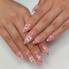 Cyflymder  24Pcs 3D Bow Strawberry False Nails Art Mid-length Almond Full Cover Nails Tips Pink Smudge Pearl Detachable Press on Fake Nails