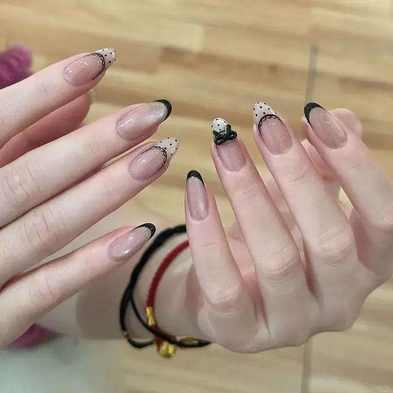 Cyflymder  24pcs Press on Nails Cat Eye Polka Dot Bow French False Nail Sweet and Cool Temperament Removable Wearable Nail for Women&Girl