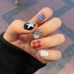 Cyflymder  10pcs Short Oval Shaped Press-On Nails - Color Block Stripes & Star Designs Glossy Mix-and-Match False Nails for Women and Girls