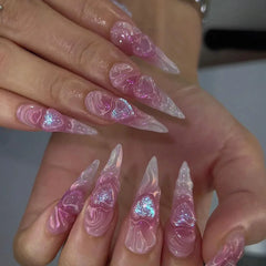Cyflymder  24pcs Long Almond Press on Nails Pink False Nails with Love Design Wearable Stick-on Nails Fake Nail Uñas Накладные Ногти 네일팁