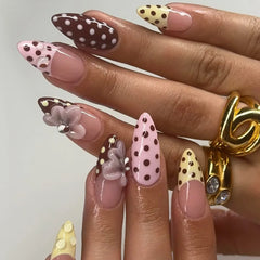 Cyflymder  24pcs Sweet Cute Dotted Fake Nails with 3D Flower Design Press on Nails INS Fashion Almond/Ballet Shaped False Nail Patches