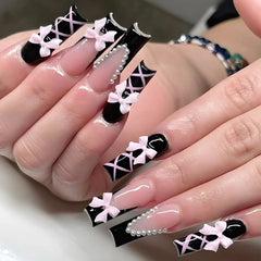 Cyflymder  24Pcs Long Square Press on Fake Nails French Leopard Print Detachable False Nails 3D Bow Flower Rhinestone Full Cover Nails Tips