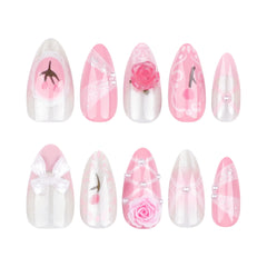 Cyflymder  24pcs French Cute Fake Nail Sweet Pink 3D Flowers Bowknot Design Almond False Nail Patch Korean Style Press on Nails for Girls