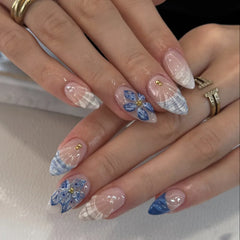 Cyflymder  24pcs French Almond Press on Nails with 3D Flower Design Korean Fake Nails for Women Girl Wearable Detachable Sweet False Nails