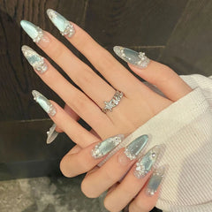 Cyflymder  10Pcs Blue Cat's Eye Handmade Fake Nails Flower Pearl Rhinestone False Nails Press on Long Round Reusable Full Cover Nails Tips