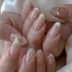 Cyflymder  24pcs French Almond Press on Nails Star Moon False Nails Wearable Stick-on Nail Fake Nails Uñas Postizas Накладные Ногти 네일팁