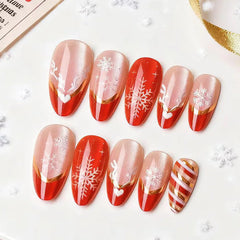 Cyflymder  24Pcs Cat's Eye Red French False Nails Press on Mid-length Almond Fake Nails Bow Snowflake Pearl Wearable Full Cover Nails Tips