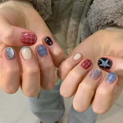 Cyflymder  10pcs Short Oval Shaped Press-On Nails - Color Block Stripes & Star Designs Glossy Mix-and-Match False Nails for Women and Girls