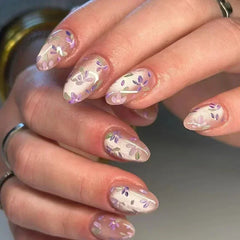 Cyflymder  24pcs Short Glitter Purple False Nails  Almond Stiletto French Wearable Fake Nails Art Artificial Full Cover Press on Nail Tips