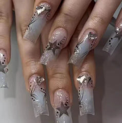 Cyflymder  24Pcs Purple French Fake Nails Long Coffin False Nails Marbling Detachable Ballerina Full Cover Nail Tips Press on Nails