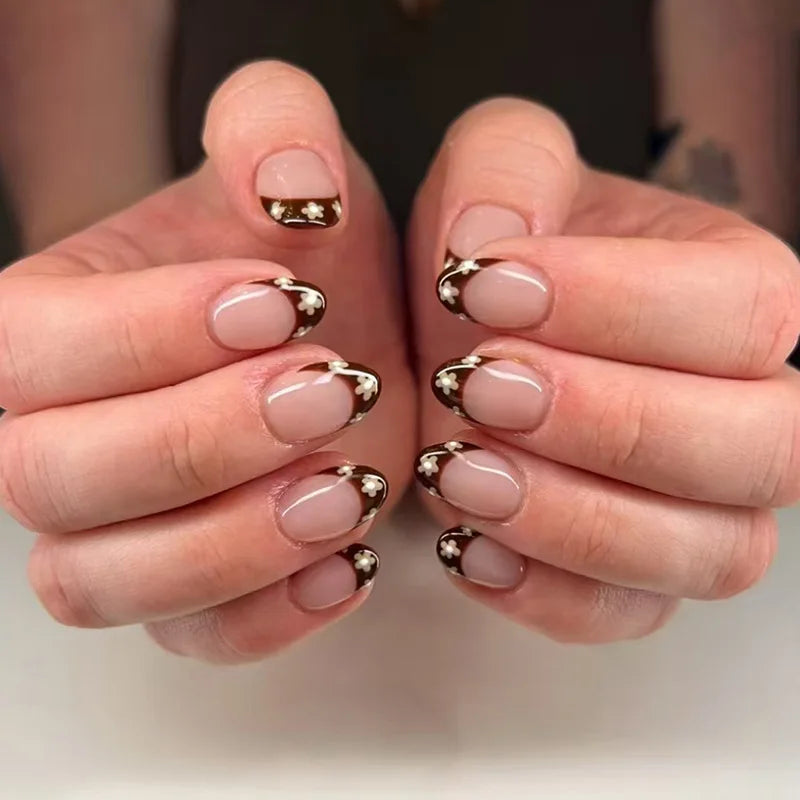 Cyflymder  24Pcs Short Almond Detachable Press on Nails Black White Polka Dot False Nails Gradient French Pearl Full Cover Fake Nails Tips
