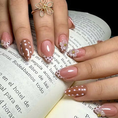 Cyflymder  24Pcs Short Almond Detachable Press on Nails Black White Polka Dot False Nails Gradient French Pearl Full Cover Fake Nails Tips