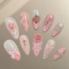 Cyflymder  24pcs French Cute Fake Nail Sweet Pink 3D Flowers Bowknot Design Almond False Nail Patch Korean Style Press on Nails for Girls