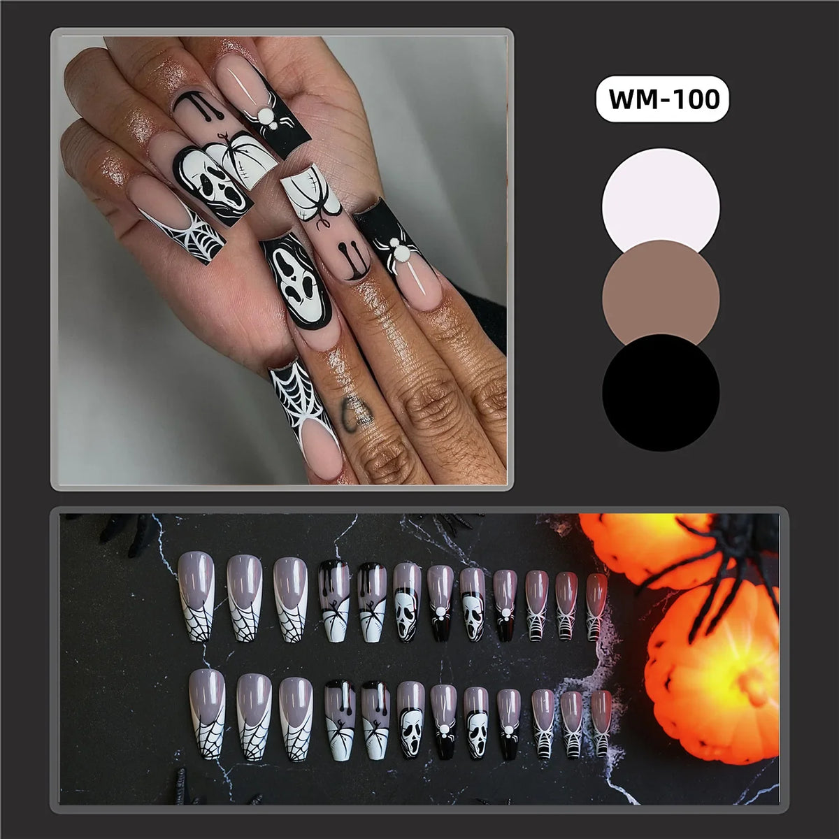 24pcs White Bones Long Pointed Fake Nail Patches Halloween Ghost Spider Webs Press on Nails for Girls Women Wearable Detachable