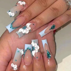 Cyflymder  24Pcs Long Square Press on Fake Nails French Leopard Print Detachable False Nails 3D Bow Flower Rhinestone Full Cover Nails Tips