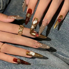 Cyflymder  10Pcs Gold Line Handmade Almond Press on Nails Rhinestone Full Cover Fake Nails Metal Manicure Wearable Artificial Nail Tips Art