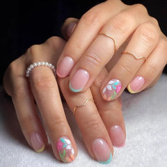 Cyflymder  24Pcs Short Round Head Fake Nails Press on Blue Edge French Design Full Cover Nails Tips Colorful Flower Detachable False Nails