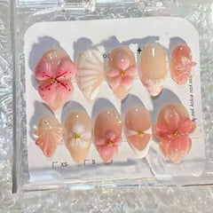 Cyflymder  24Pcs Mid-length Almond Fake Nails Press on Blue Gradient 3D Flower Full Cover Nails Tips Pearl Wearable Artificial False Nails