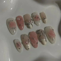 Cyflymder  24Pcs White Almond False Nails Ballet with French Design Wearable Fake Nails Gradient Simple Full Cover Press on Nail Tips Art