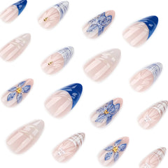 Cyflymder  24pcs French Almond Press on Nails with 3D Flower Design Korean Fake Nails for Women Girl Wearable Detachable Sweet False Nails