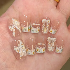 Cyflymder  24Pcs Short Ballet Press on Fake Nails Silver Bow French Deisgn False Nails Rhinestone Reusable Artificial Full Cover Nails Tips