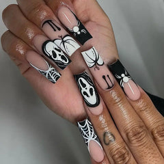 24pcs White Bones Long Pointed Fake Nail Patches Halloween Ghost Spider Webs Press on Nails for Girls Women Wearable Detachable