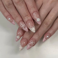 Cyflymder  24Pcs 3D Bow Strawberry False Nails Art Mid-length Almond Full Cover Nails Tips Pink Smudge Pearl Detachable Press on Fake Nails