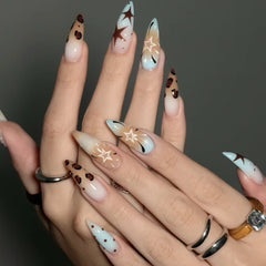 Cyflymder  24pcs Retro Leopard Print Fake Nail Tips y2k Blue French Almond Press on Nail Wearable Spicy Girl False Nails for Women Girls