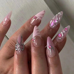 Cyflymder  24Pcs White Almond False Nails Ballet with French Design Wearable Fake Nails Gradient Simple Full Cover Press on Nail Tips Art