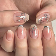 Cyflymder  24Pcs Short Ballet Press on Fake Nails Silver Bow French Deisgn False Nails Rhinestone Reusable Artificial Full Cover Nails Tips