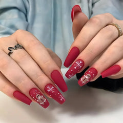 Cyflymder  Christmas Press on Nails Red Stripe Deer Snow Pattern Fake Nails for Women Wearable Winter Long Coffin/Almond False Nails