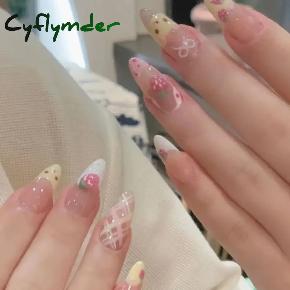 Cyflymder 10Pcs Almond Press on Nails with Pink Strawberry Bear Design Acrylic False Nails Cute French Full Cover Nail Tips Summer Girl