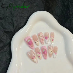 Cyflymder 10Pcs Almond Press on Nails with Pink Strawberry Bear Design Acrylic False Nails Cute French Full Cover Nail Tips Summer Girl