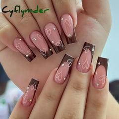 Cyflymder 24PC simple French ballet false nails with love designs brown edge fake nails with glue full cover press on nails medium length