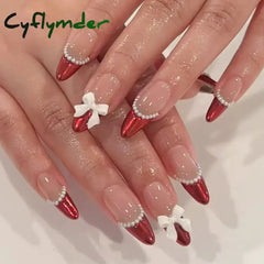 Cyflymder 24Pcs Almond False Nails Cute Strawberries with French Design Simple White Wearable Fake Nails Decoration Press on Nail Tips Art