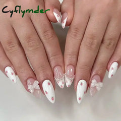 Cyflymder 24Pcs Almond False Nails Cute Strawberries with French Design Simple White Wearable Fake Nails Decoration Press on Nail Tips Art