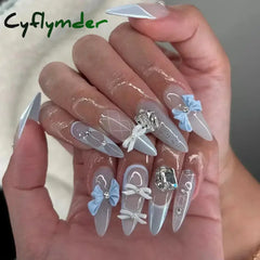 Cyflymder 24Pcs Almond False Nails Cute Strawberries with French Design Simple White Wearable Fake Nails Decoration Press on Nail Tips Art