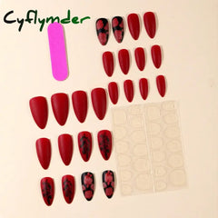 Cyflymder 24Pcs Almond Shaped French Press On Nails Romantic Burgundy Rose Pattern Design Wearable False Nail Suitable Women Gifts Manicur