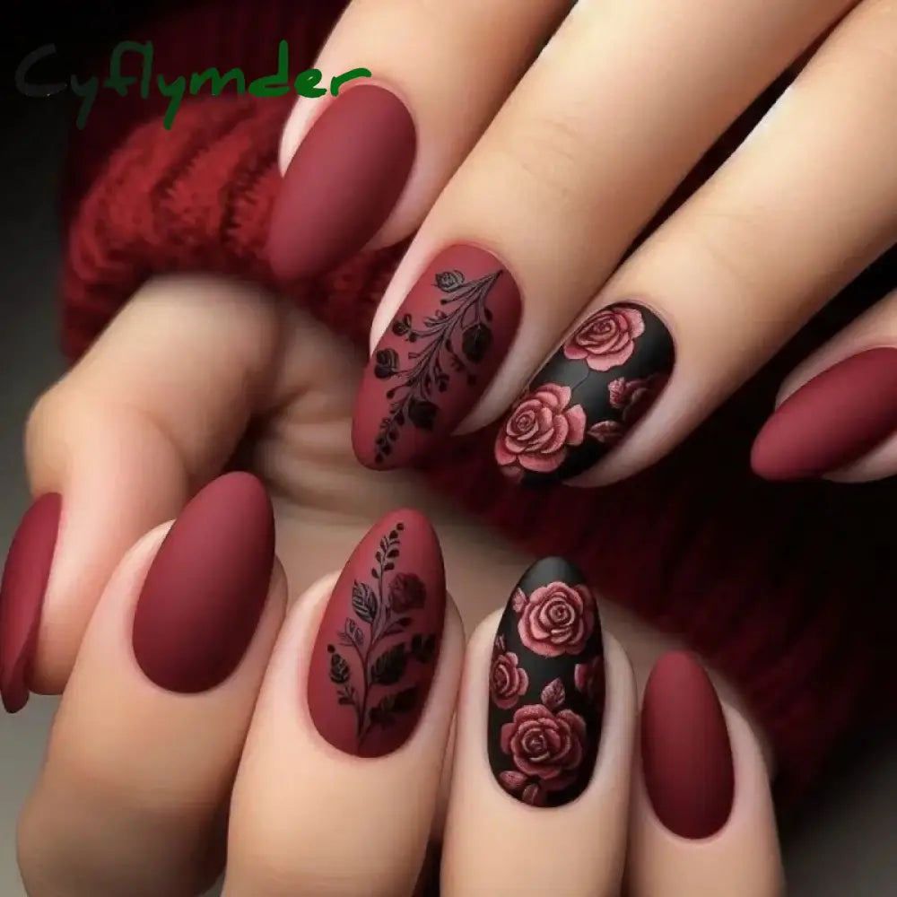 Cyflymder 24Pcs Almond Shaped French Press On Nails Romantic Burgundy Rose Pattern Design Wearable False Nail Suitable Women Gifts Manicur