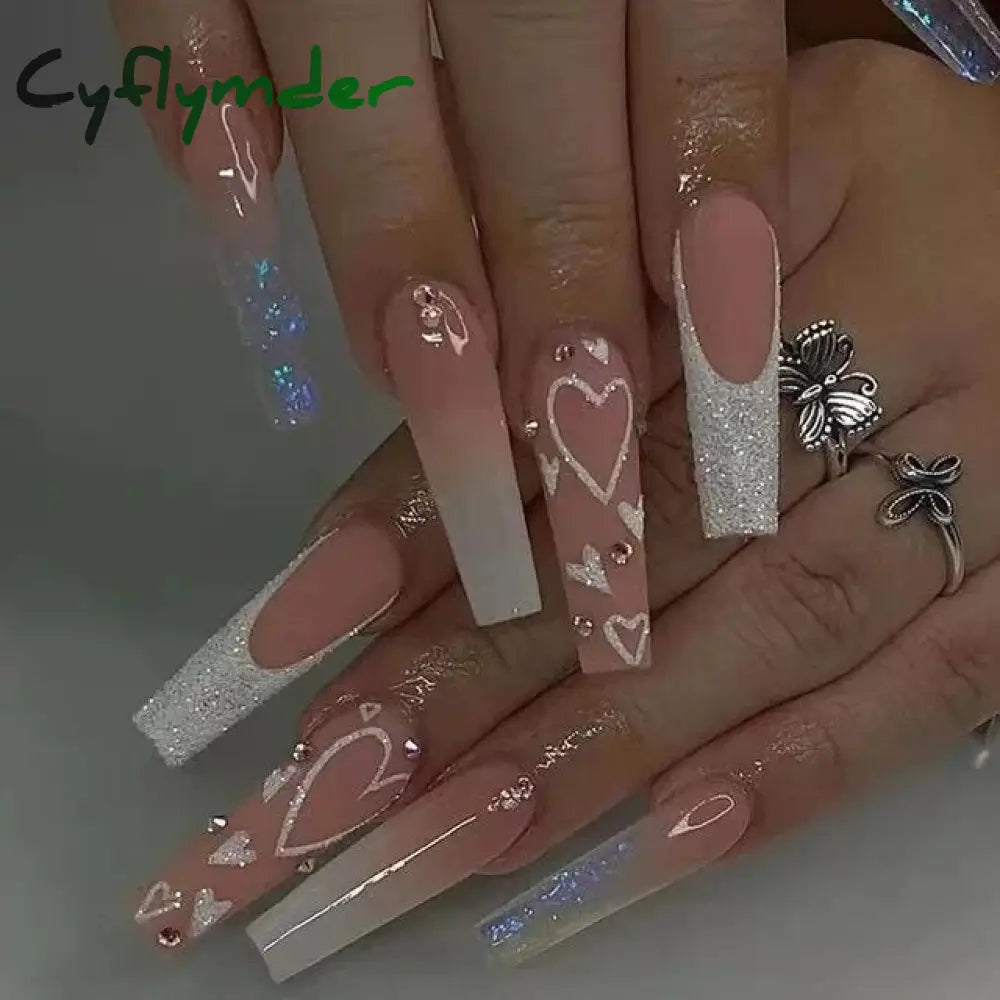 Cyflymder 24Pcs Artifical False Nails with Glue Fake Nail Tips with Heart Designs Detachable Press on Nails Long Finished Nails